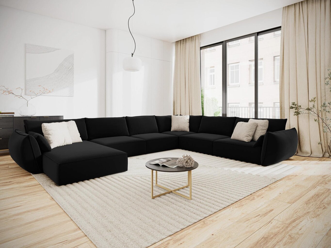 Panoraam parempoolne nurgadiivan velvet sofa Vanda, 8 istekohta, must hind ja info | Nurgadiivanid ja nurgadiivanvoodid | hansapost.ee