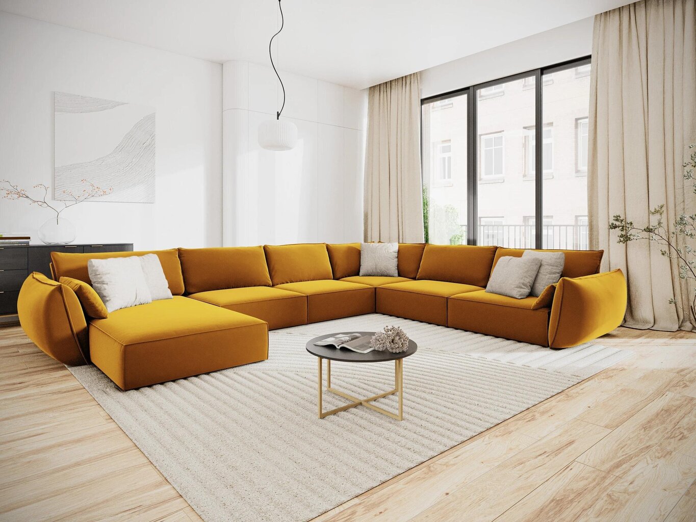 Panoraam parempoolne nurgadiivan velvet sofa Vanda, 8 istekohta, kollane (sinep) цена и информация | Nurgadiivanid ja nurgadiivanvoodid | hansapost.ee