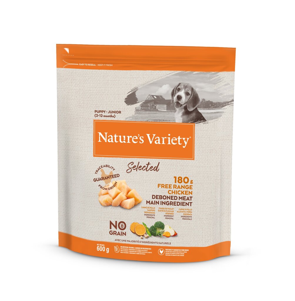 Nature's Variety Dog Selected Junior Free Range chicken 0,6 kg - vabapidamisel kuivtoit kutsikate/juunioride jaoks цена и информация | Koerte kuivtoit ja krõbinad | hansapost.ee