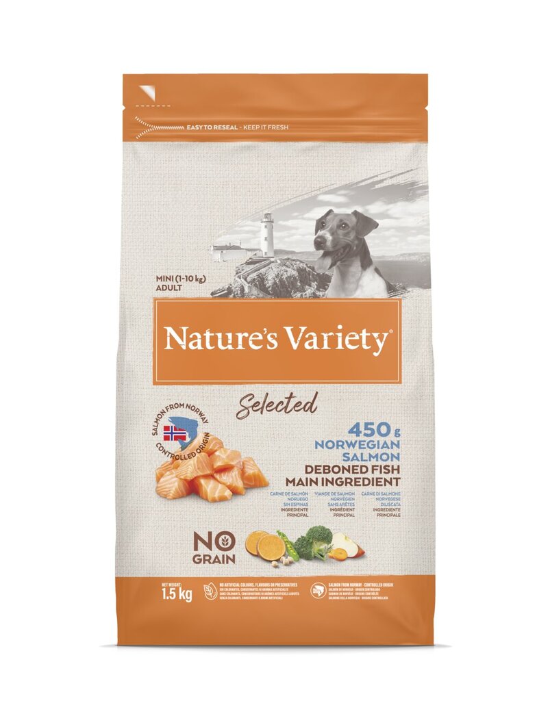 Nature's Variety Dog Selected Mini Adult Norwegian Salmon kuivtoit norra lõhega täiskasvanud koertele, 1.5 kg hind ja info | Koerte kuivtoit ja krõbinad | hansapost.ee