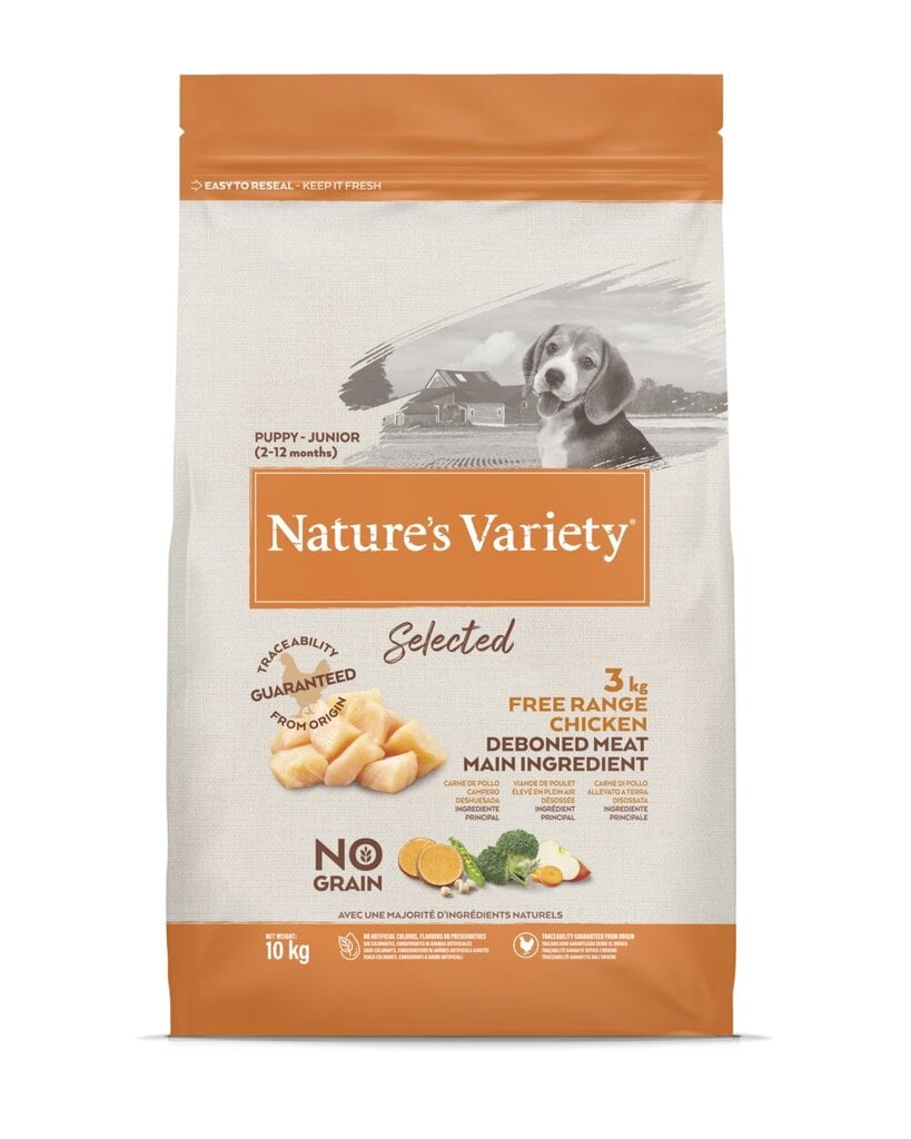 Nature's Variety Dog Selected Junior Free Range chicken 12 kg - vabapidamisel kuivtoit kutsikate/juunioride jaoks цена и информация | Koerte kuivtoit ja krõbinad | hansapost.ee