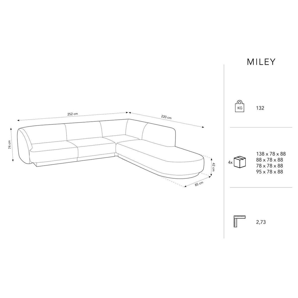 Sametist parempoolne nurgadiivan Micadoni Miley, 252 x 220 x 74, roheline цена и информация | Diivanvoodid ja diivanid | hansapost.ee