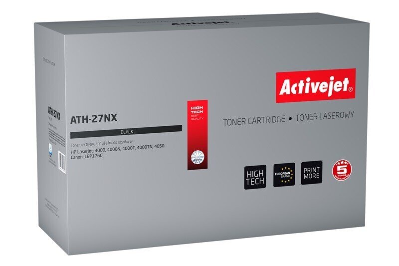 Activejet ATH-27NX tooner HP printerile; HP 27X C4127X, Canon EP-52 asendus; Ülim; 11300 lehekülge; must цена и информация | Laserprinteri toonerid | hansapost.ee