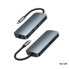 Разветвитель USB Type-C Remax RU-U91 9in1 USB3.0x3, HDMI, Type C, SD, MicroSD, RJ45, Aux цена и информация | Адаптеры и USB-hub | hansapost.ee