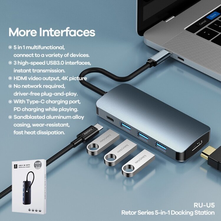 Adapter Remax RU-U5 5 In1 HDMI, 3x3.0USB, USB-C-Type-C / USB-C dokkimisjaam hind ja info | USB adapterid ja jagajad | hansapost.ee