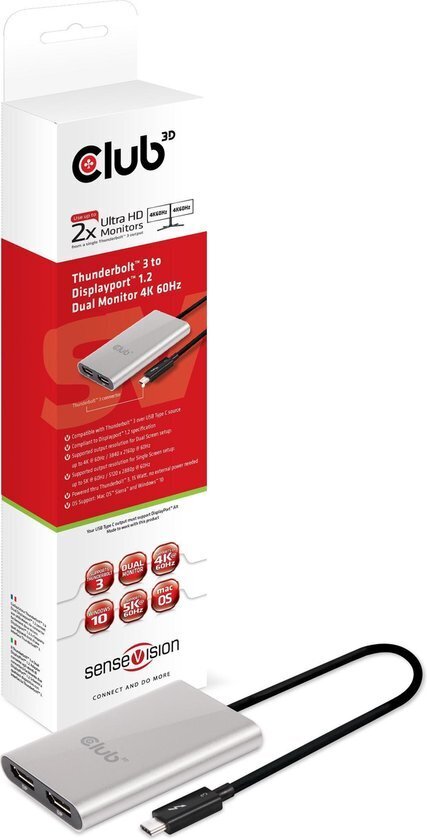 CLUB3D Thunderbolt™ 3 to 2x Displayport™ 1.2 Dual Monitor 4K 60Hz цена и информация | USB adapterid ja jagajad | hansapost.ee