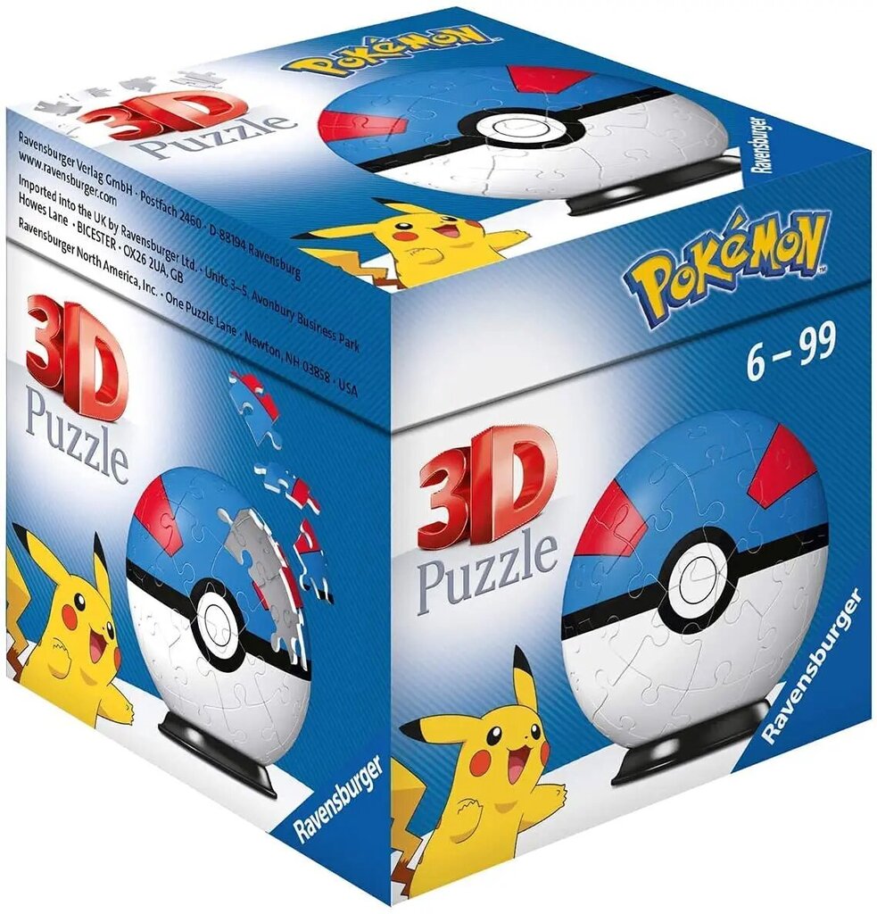 Ravensburger Pokemon Suurepärane pall - 3D Jigsaw Pulze Ball lastele, kes olid 6 -aastased - 54 tükki - pole vajalik liim цена и информация | Pusled lastele ja täiskasvanutele | hansapost.ee