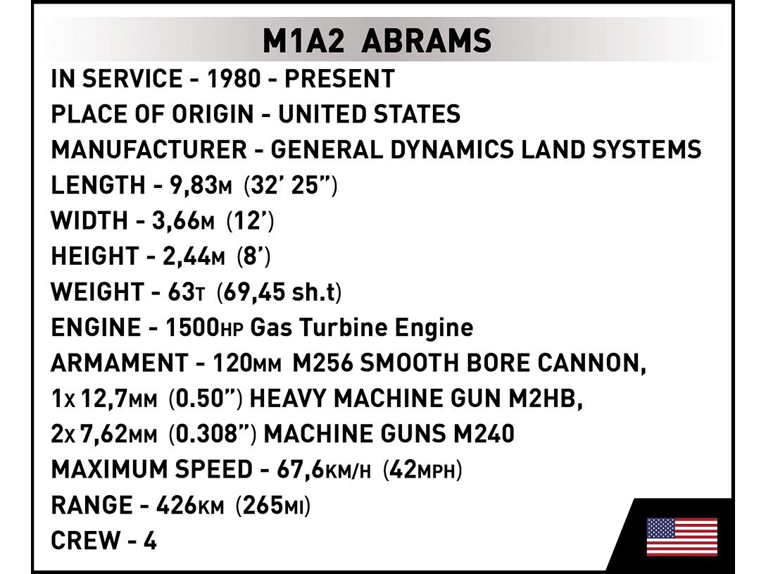 COBI - Plastkonstruktorid M1A2 Abrams, 1/35, 2622 цена и информация | Klotsid ja konstruktorid | hansapost.ee