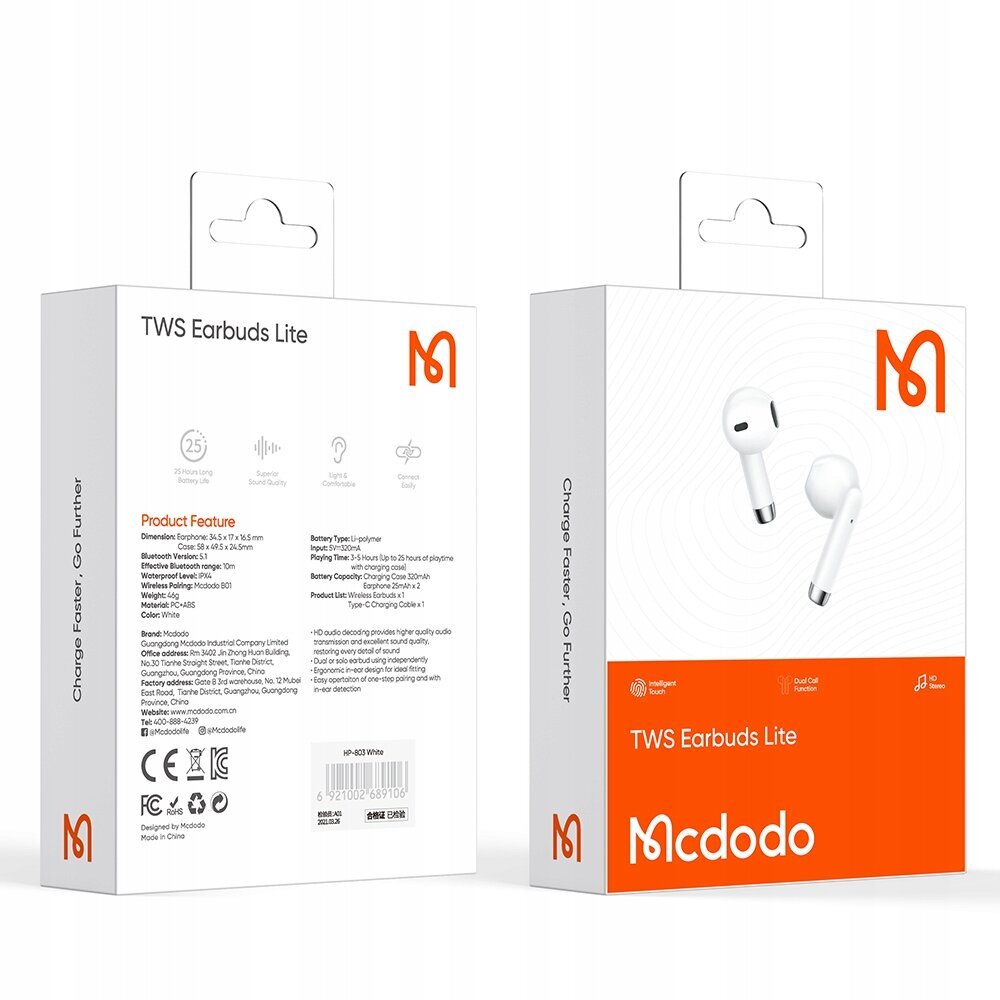 Mcdodo in-ear juhtmevabad kõrvaklapid koos BT 5 korpusega hind ja info | Kõrvaklapid | hansapost.ee