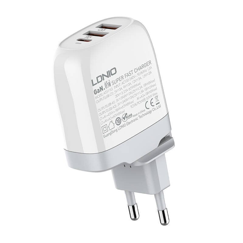 GaN charger LDNIO A3511Q, 2x USB + USB-C, 65W (white) цена и информация | Laadijad mobiiltelefonidele | hansapost.ee