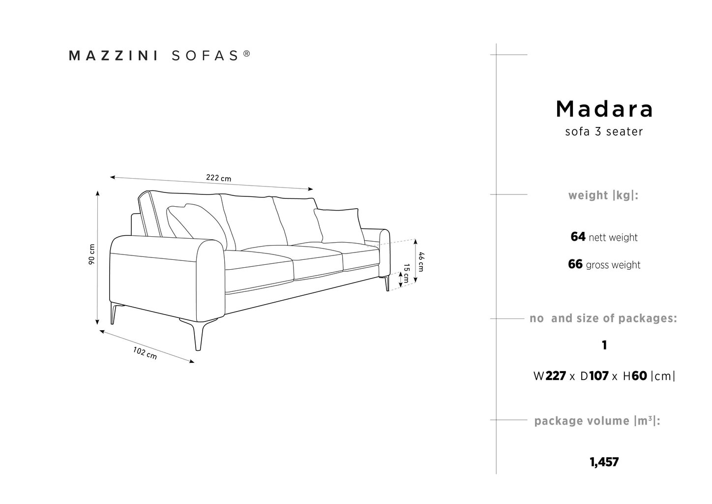 Kolmekohaline diivan Mazzini Sofas Madara 222 cm, helehall hind ja info | Diivanvoodid ja diivanid | hansapost.ee