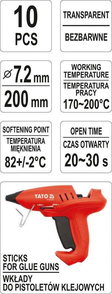 Kuumaliimipulgad 7.2x200mm värvitud 10 tk. Yato (YT-82440) цена и информация | Käsitööriistad | hansapost.ee