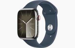 Apple Watch Series 9 GPS + Cellular 41mm Silver Stainless Steel Case with Storm Blue Sport Band - M/L - MRJ33ET/A price and information | Nutikellad, laste nutikellad | hansapost.ee