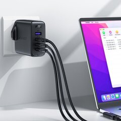 Быстрое GaN зарядное устройство с UK вилкой, 100W, 3x USB-C, USB, черное цена и информация | Зарядные устройства для телефонов | hansapost.ee