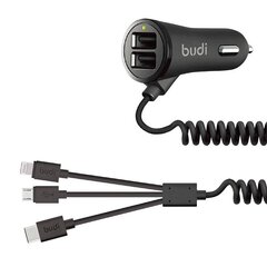 Budi LED car charger 2x USB, 3.4A + 3in1 USB to USB-C | Lightning | Micro USB cable (black) цена и информация | Зарядные устройства для телефонов | hansapost.ee