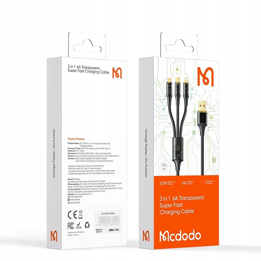 Mcdodo 3in1 CA-3330 hind ja info | Mobiiltelefonide kaablid | hansapost.ee