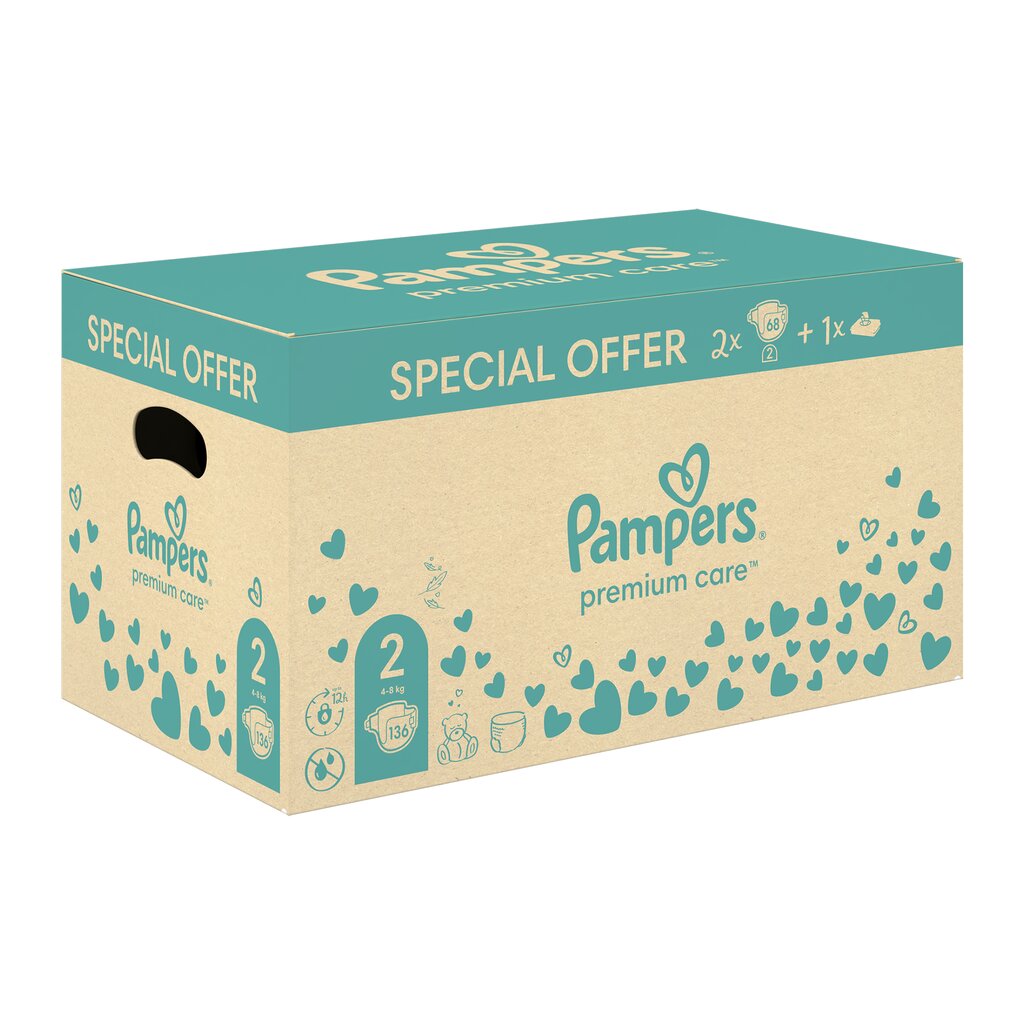 Mähkmed Pampers Premium Care, suurus 2 4-8 kg, 136 tk. + Kingitus Harmonie Aqua 48 salvrätikud väikelastele цена и информация | Mähkmed, riidest mähkmed | hansapost.ee