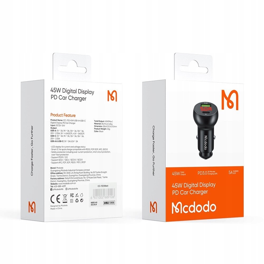 McDodo USB/USB-C PD 45W LCD autolaadija hind ja info | Laadijad mobiiltelefonidele | hansapost.ee