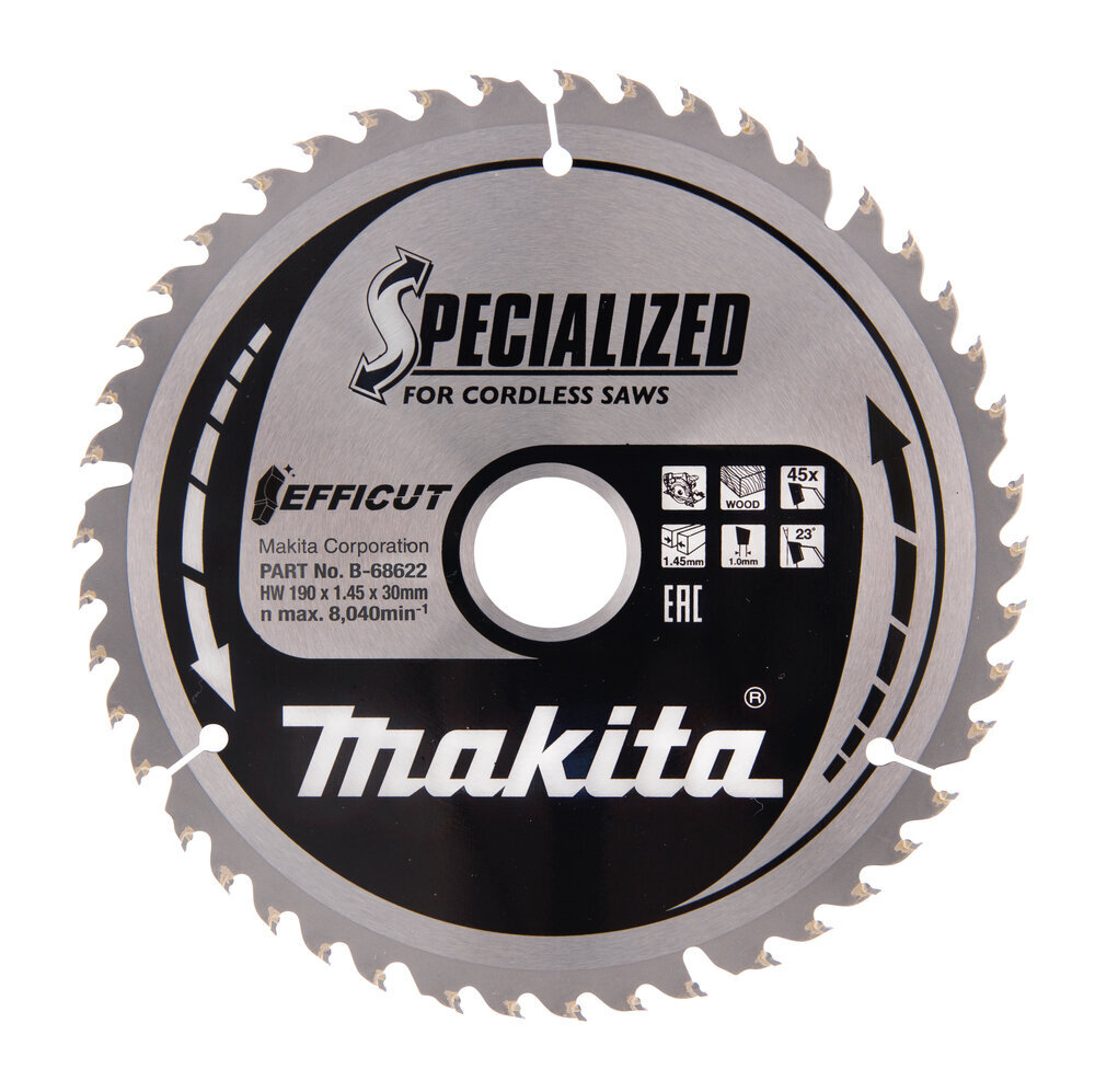 T.C.T saeketas, 190 x 1.45 x 30 mm 23° T45 B-68622 Makita цена и информация | Käsitööriistad | hansapost.ee