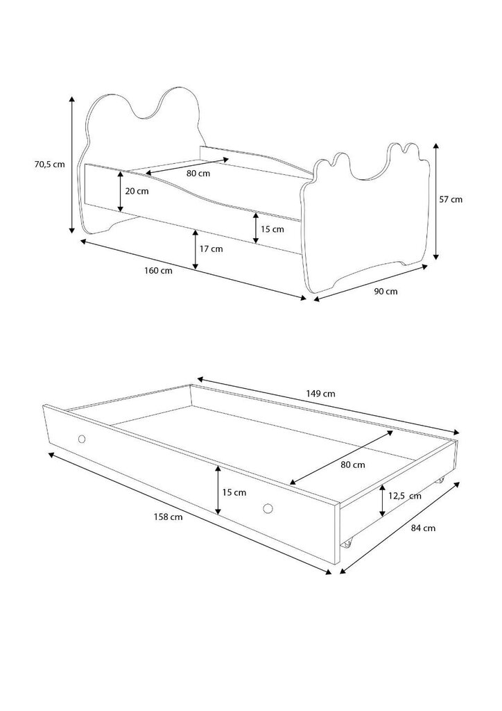 Lastevoodi Adrk Furniture Bear, 80x160 cm, valge/must hind ja info | Lastevoodid | hansapost.ee