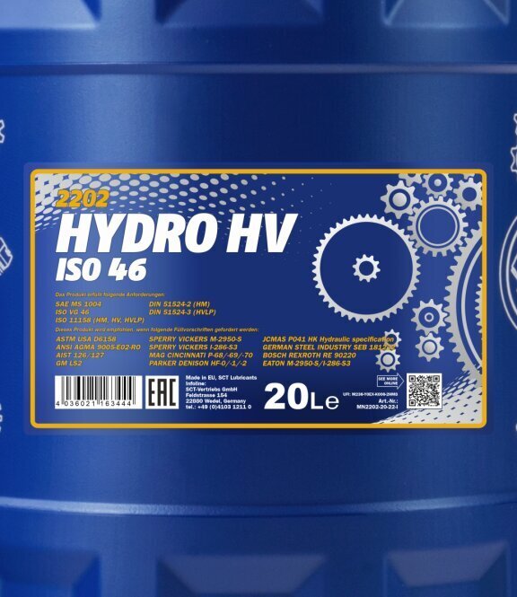 Hüdraulikaõli Mannol Hydro HV ISO 46 20L цена и информация | Mootoriõlid | hansapost.ee