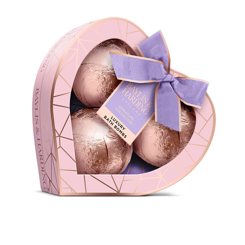 Vannipallide kinkekomplekt Baylis & Harding Jojoba, Vanilla & Almond Oil Luxury Bath Bomb Heart Trio, 3 x 120 g hind ja info | Dušigeelid, õlid | hansapost.ee