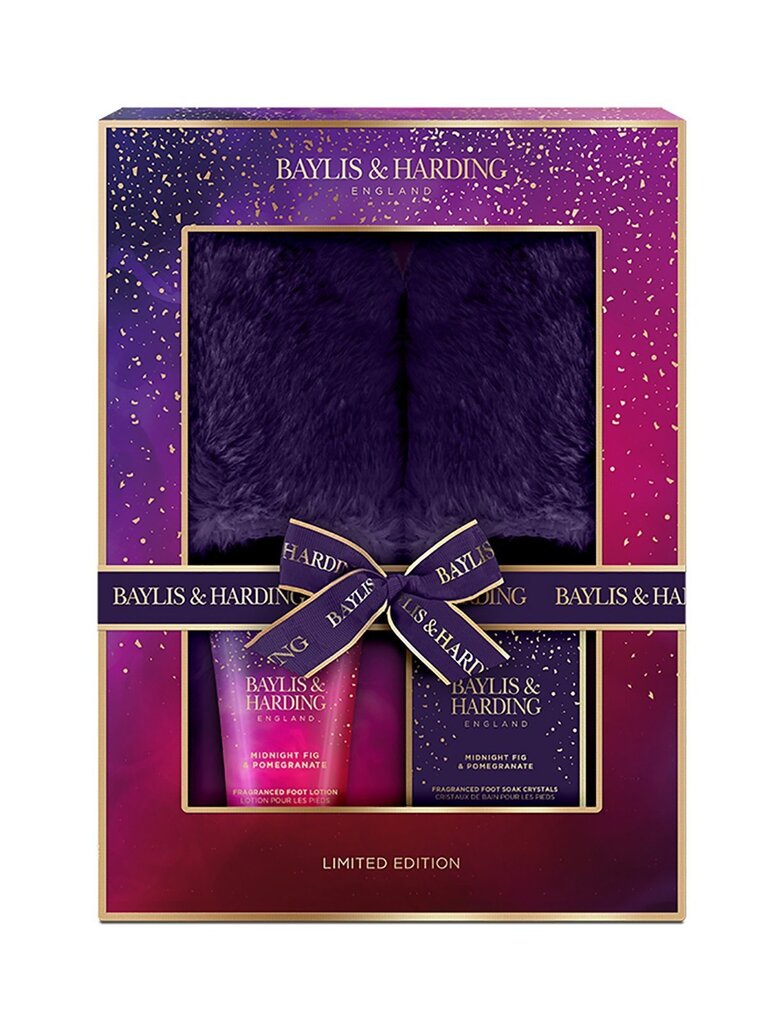 Kätekreemide kinkekomplekt naistele Baylis & Harding Midnight Fig & Pomegranate Luxury Slipper: jalaleotussool 100 g + jalakreem 140 ml + sussid hind ja info | Kehakreemid, kehaõlid ja losjoonid | hansapost.ee