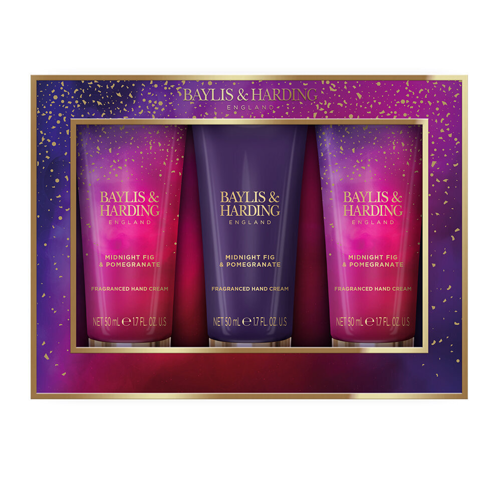 Kätekreemide kinkekomplekt naistele Baylis & Harding Midnight Fig & Pomegranate Luxury Hand Treats, 3 x 50 ml цена и информация | Kehakreemid, kehaõlid ja losjoonid | hansapost.ee