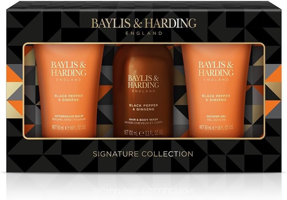 Kinkekomplekt meestele Baylis & Harding Black Pepper & Ginseng Men's Luxury Mini Trio: juukse- ja kehapesuvahend 100 ml + dušigeel 50 ml + raseerimisjärgne palsam 50 ml hind ja info | Dušigeelid, õlid | hansapost.ee