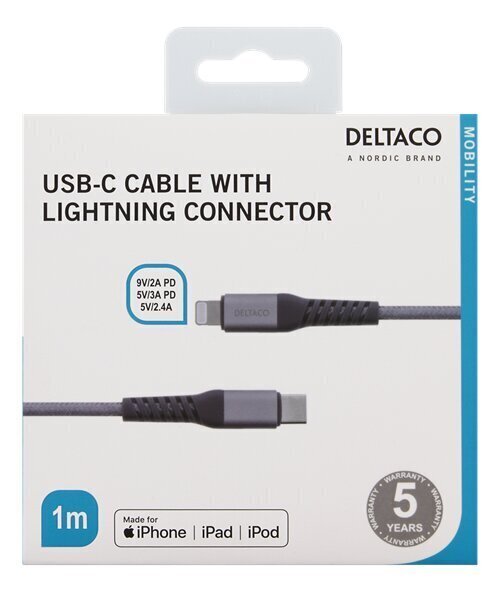 Deltaco IPLH-314M, USB C, Lightning, 1m цена и информация | Mobiiltelefonide kaablid | hansapost.ee