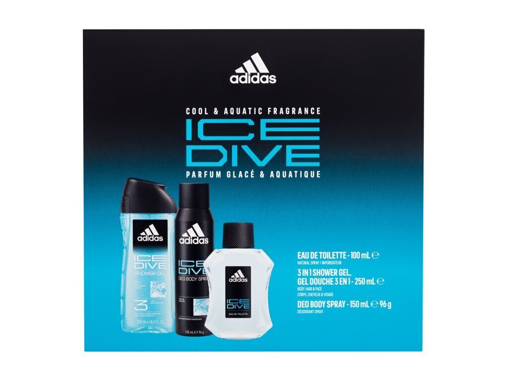 Kinkekomplekt meestele Adidas Ice Dive: tualettvesi EDT meestele, 100 ml + dušigeel, 250 ml + deodorant, 150 ml цена и информация | Parfüümid meestele | hansapost.ee