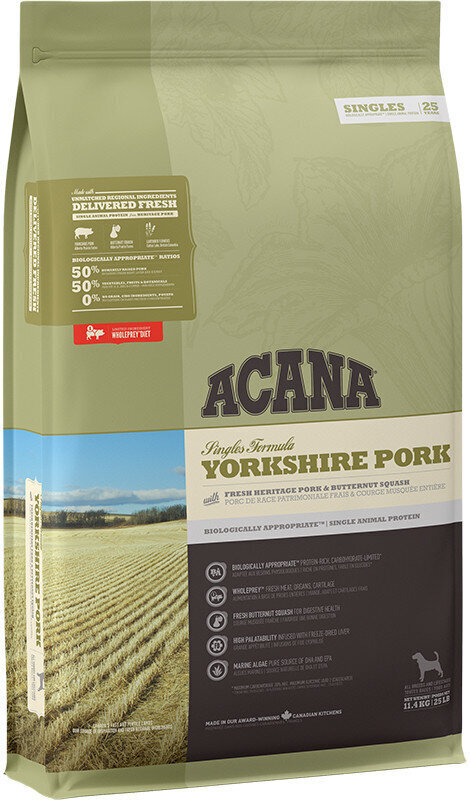 Acana Singles Yorkshire Pork koos sealihaga, 11,4 kg цена и информация | Koerte kuivtoit ja krõbinad | hansapost.ee