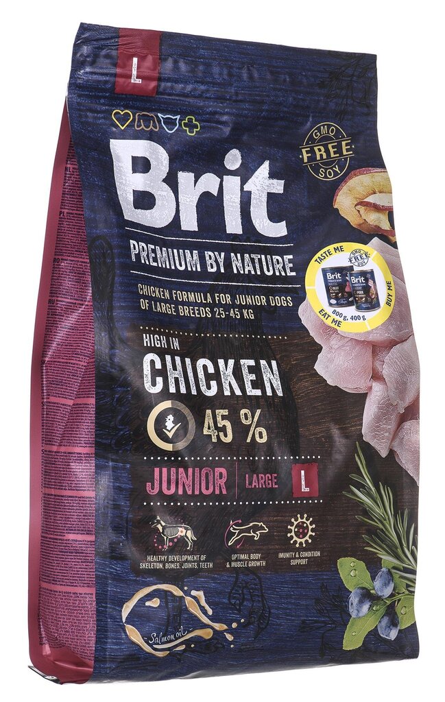 Brit Premium by Nature Junior L suurt tõugu noortele kutsikatele koos kanadega, 3 kg цена и информация | Koerte kuivtoit ja krõbinad | hansapost.ee
