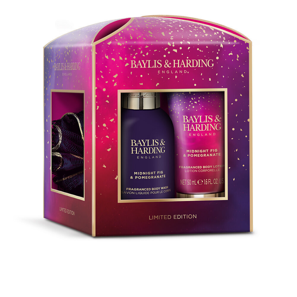 Kinkekomplekt naistele Baylis & Harding Midnight Fig & Pomegranate Luxury Essentials Treat Box: kehapesuvahend 100 ml + ihupiim 50 ml + pesunuustik hind ja info | Dušigeelid, õlid | hansapost.ee