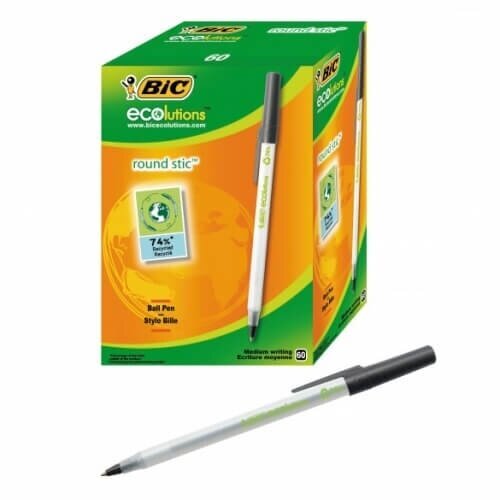 BIC Ballpoint pens ECO ROUND STIC 1.0 mm black, Pouch 60 pcs 256644 Ecolutions an Ecologic version of BIC popular Round Stic. Made from 74% recycled materials. Slim transparent barrel with cap and clip matching ink color. PVC free product. Fine tip 1,0 mm цена и информация | Kirjutusvahendid | hansapost.ee