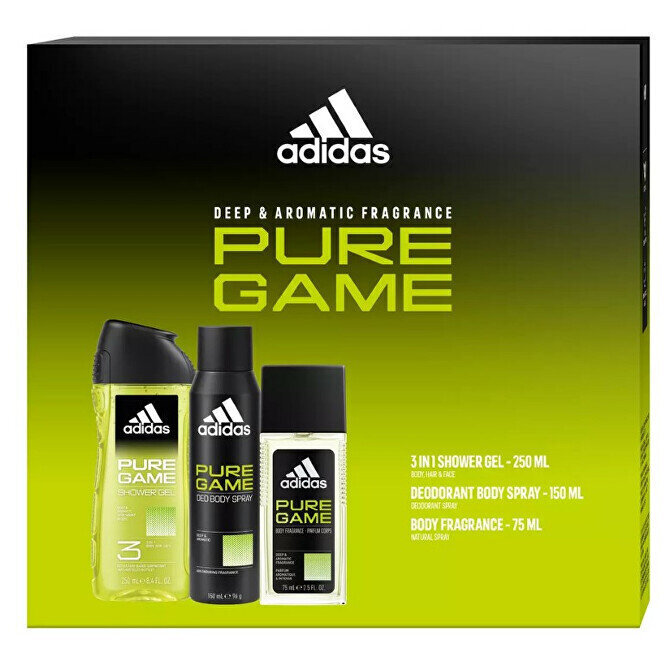 Kinkekomplekt meestele Adidas Pure Game: 75 ml deodorant + 150 ml deodorant + 250 ml dušigeel. цена и информация | Deodorandid | hansapost.ee