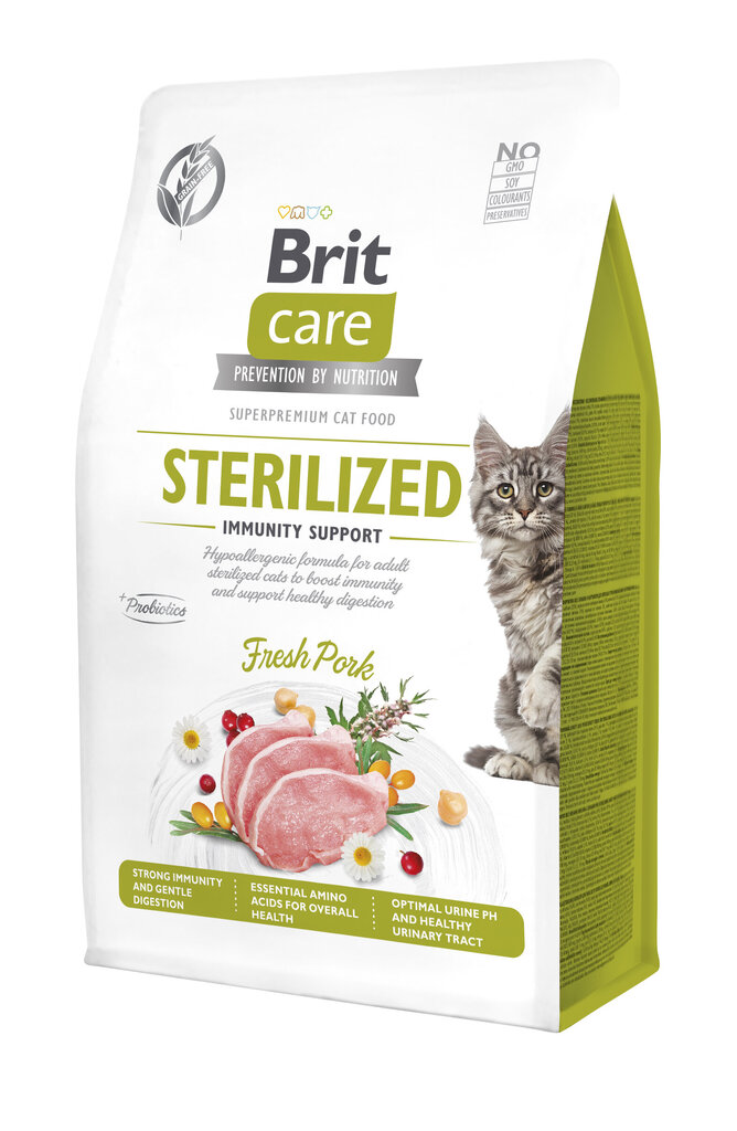 Brit Care Cat GF Sterilized Immuunsuse toetus steriliseeritud kassidele sealihaga, 400 g цена и информация | Kassi kuivtoit ja kassikrõbinad | hansapost.ee