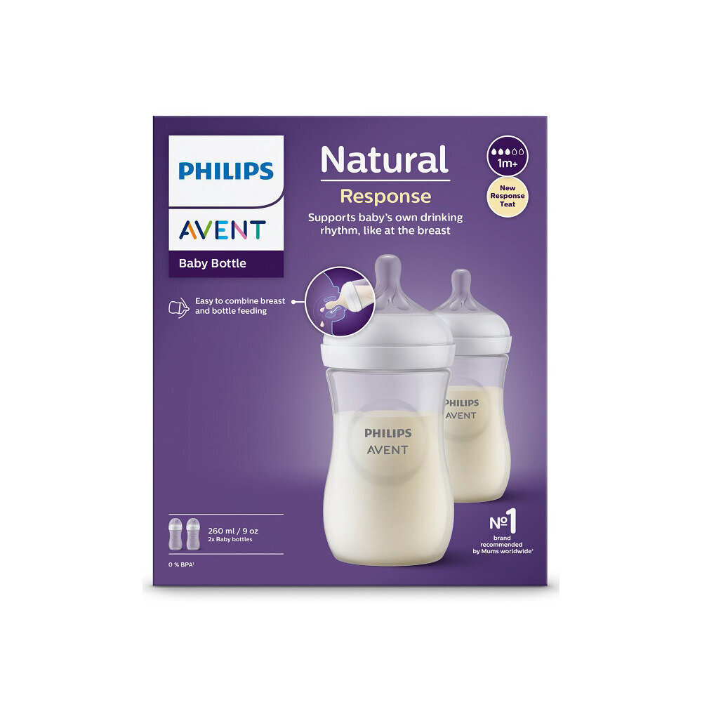 Lutipudelite komplekt Philips Avent Natural Response SCY900/02, 1+ kuud, 260 ml цена и информация | Lutipudelid ja tarvikud | hansapost.ee