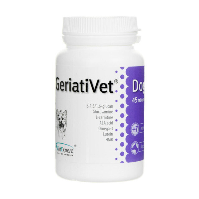 Toidulisand väikest tõugu vanematele koertele VetExpert GeriatiVet, 350 mg, 45 tab. цена и информация | Vitamiinid ja parasiiditõrje | hansapost.ee