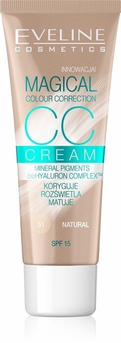 Matt tooniv kreem Eveline Magical Colour Correction CC Cream SPF15 30 ml, 51 Natural цена и информация | Jumestuskreemid ja puudrid | hansapost.ee