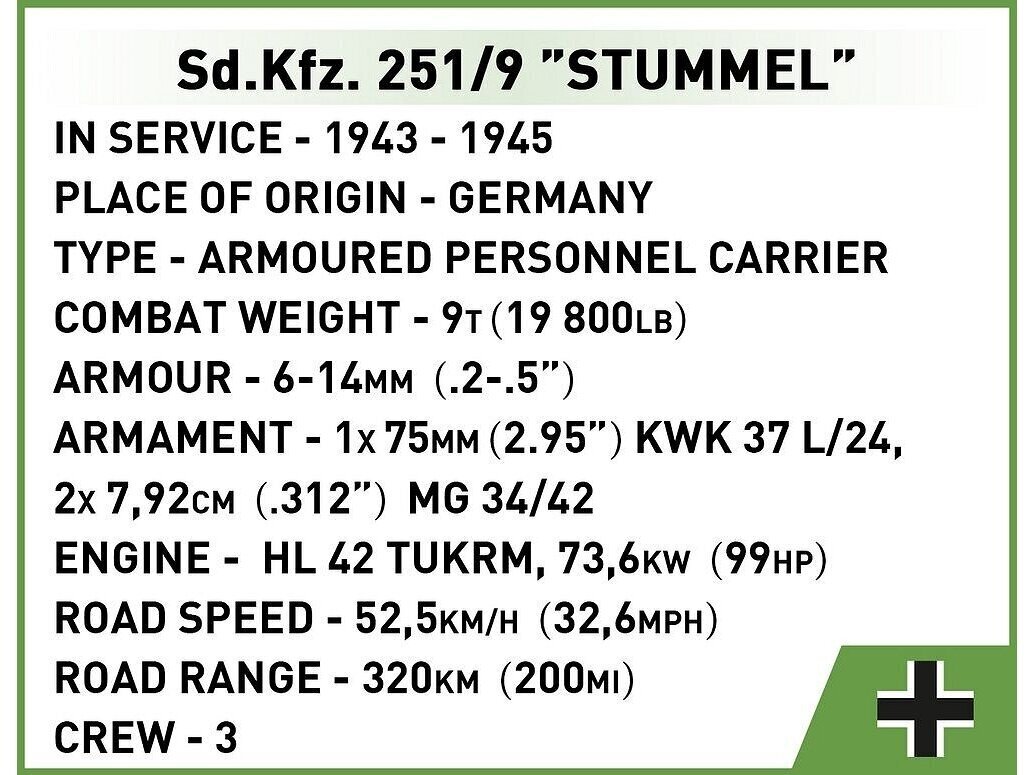 Mudelkomplekt COBI Plastkonstruktorid Sd.Kfz. 251/9 Stummel, 1/35, 2283 hind ja info | Klotsid ja konstruktorid | hansapost.ee