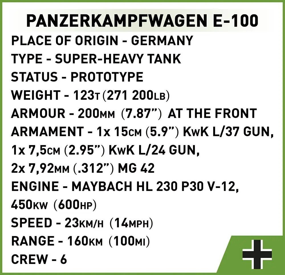 Mudelkomplekt COBI Plastkonstruktorid Panzerkampfwagen E-100, 1/28, 2572 цена и информация | Klotsid ja konstruktorid | hansapost.ee