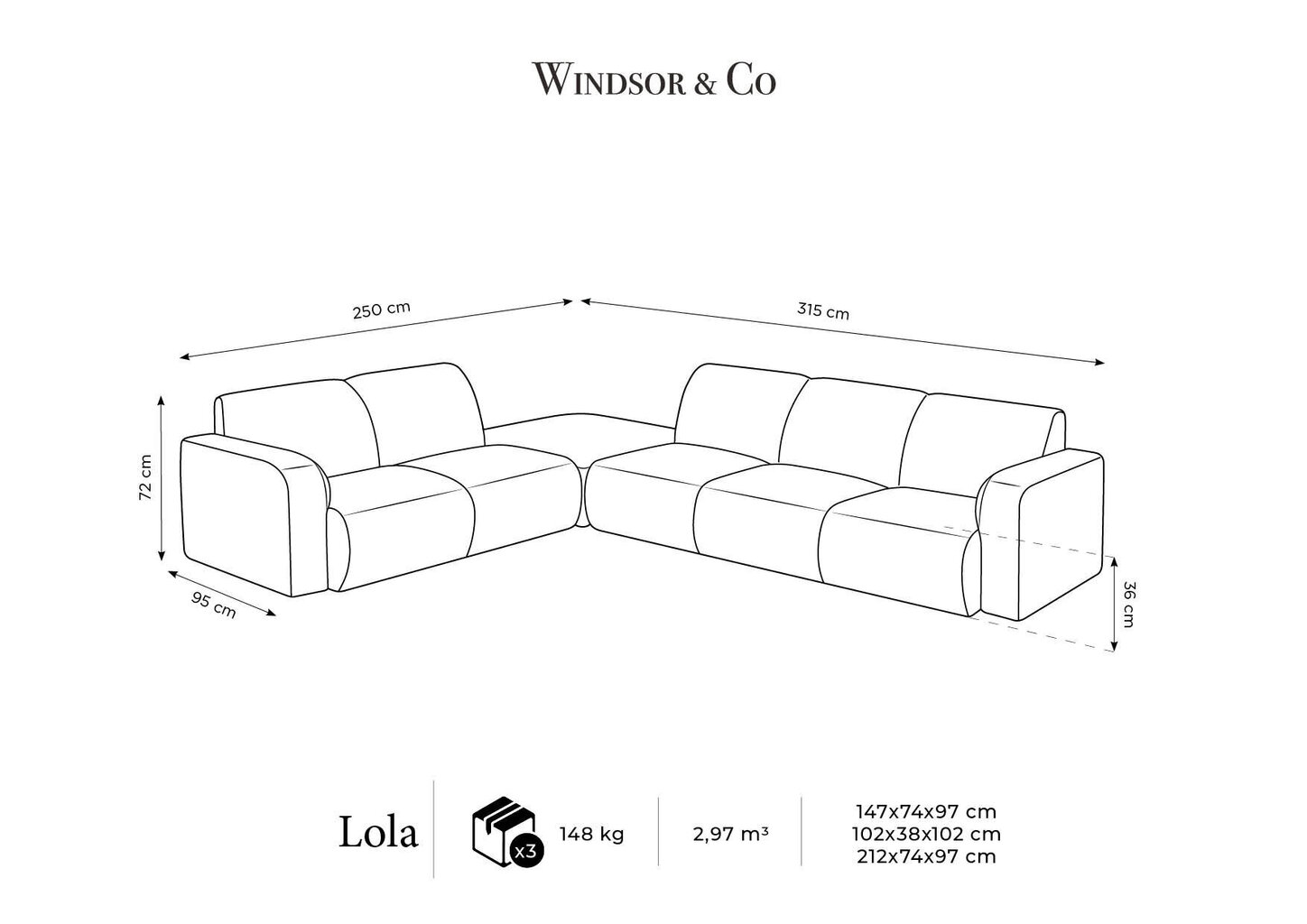 Vasakpoolne nurgadiivan Windsor & Co Lola, 315x250x72 cm, sinine hind ja info | Nurgadiivanid ja nurgadiivanvoodid | hansapost.ee