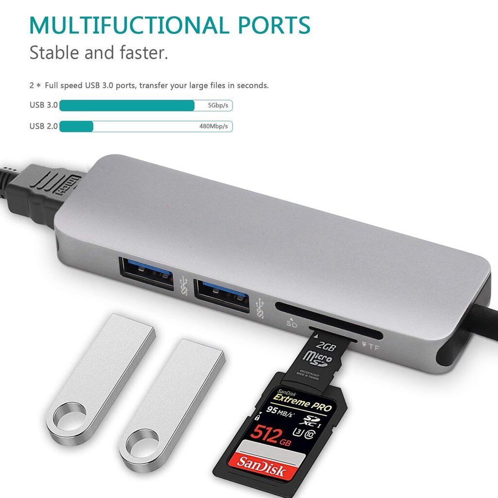 RoGer USB-C Hub 5in1 USB 3.0 x2 / HDMI / SD card reader / TF card reader цена и информация | USB adapterid ja jagajad | hansapost.ee