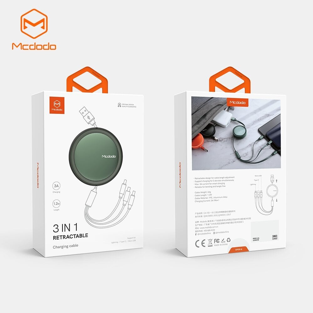 Mcdodo 3-in-1 sissetõmmatav USB + Lightning + USB-C + microUSB kaabel 1,2 m oranž sissetõmmatav CA-7252 hind ja info | Juhtmed ja kaablid | hansapost.ee