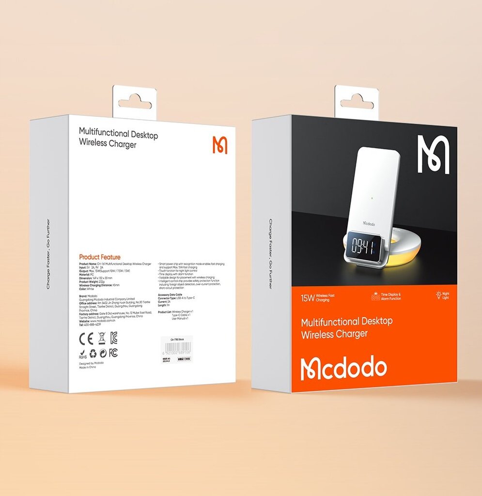 Mcdodo induktsioonlaadija, valgusega , äratuskellafunktsiooniga, kellaga, valge CH-1610 hind ja info | Laadijad mobiiltelefonidele | hansapost.ee