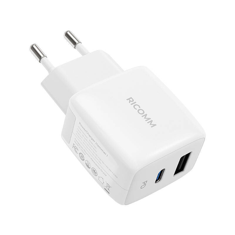 Ricomm seinalaadija 25W PD RC252 EU, 1xUSB-A, 1xUSB-C + 2.1m USB-C Cable hind ja info | Laadijad mobiiltelefonidele | hansapost.ee