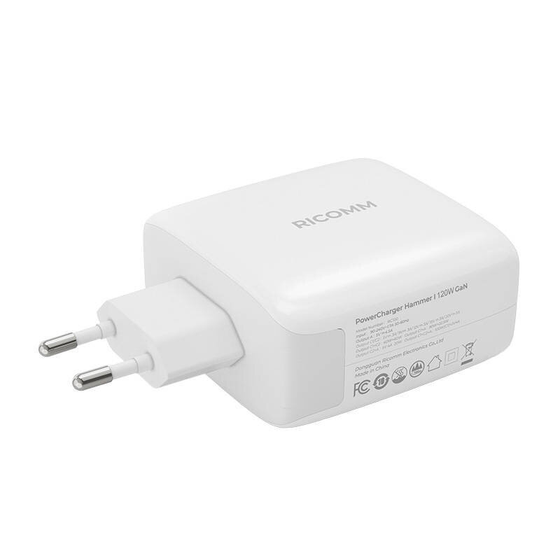 Ricomm seinalaadija 120W GaN RC1201 EU, 1xUSB-A, 2xUSB-C + 2.1m USB-C Cable hind ja info | Laadijad mobiiltelefonidele | hansapost.ee