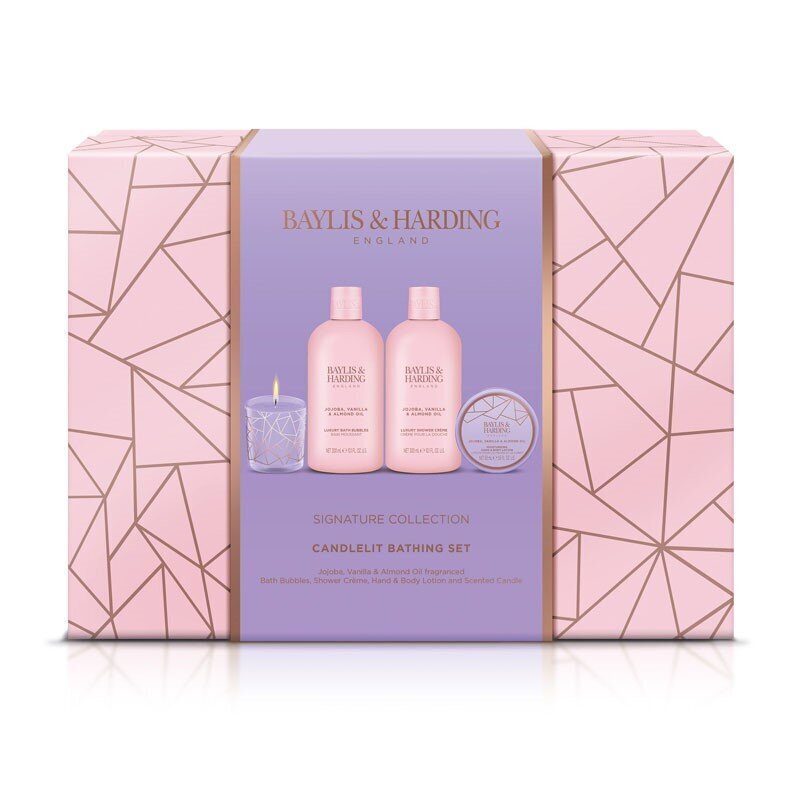 Kosmeetikakomplekt Baylis & Harding Jojoba, Vanilla & Almond Oil Luxury Candlelit Bathing: vannivaht, 300 ml + dušikreem, 300 ml + keha- ja kätekreem, 50 ml + lõhnaküünal, 60 g hind ja info | Kehakreemid, kehaõlid ja losjoonid | hansapost.ee