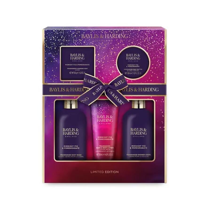 Kosmeetikakomplekt Baylis & Harding Midnight Fig & Pomegranate Perfect Pamper: dušikreem, 300 ml + ihupiim, 130 ml + seep, 150 g + dušigeel, 300 ml + vannikristallid, 100 g hind ja info | Kehakreemid, kehaõlid ja losjoonid | hansapost.ee